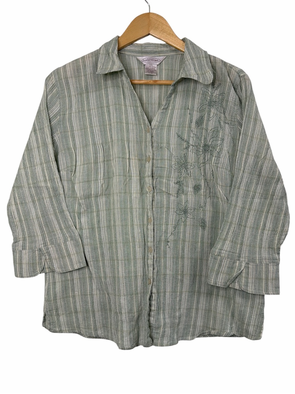 Northern Reflections Striped Embroidered Button Shirt Sage Green L